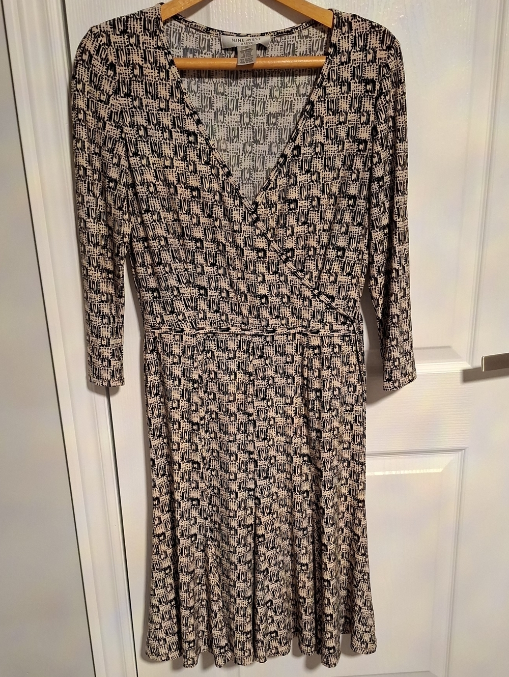 Nine West Black and Cream Graphic Faux Wrap Dress